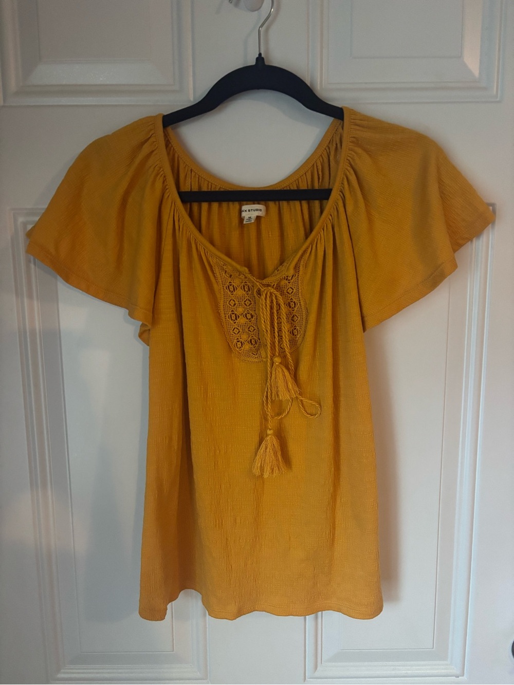 Max Studio Mustard Crochet Tassel Peasant Blouse